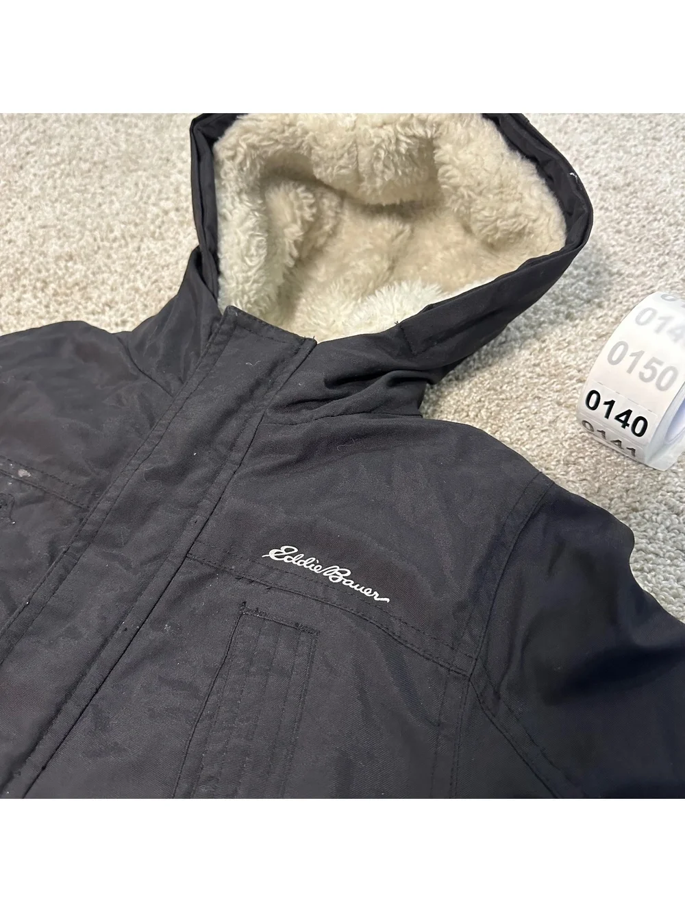 Eddie Bauer black kids coat sherpa lined hood XS